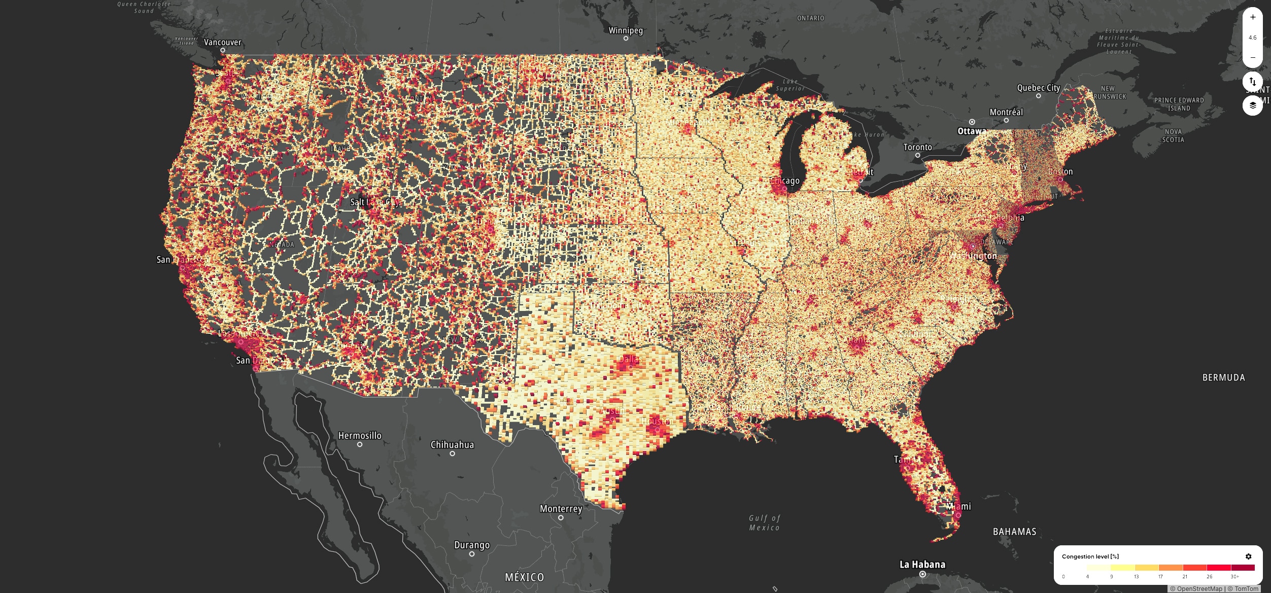 Map of the United States showing population density with red for high density. Populated areas are concentrated in the east and along the coasts.