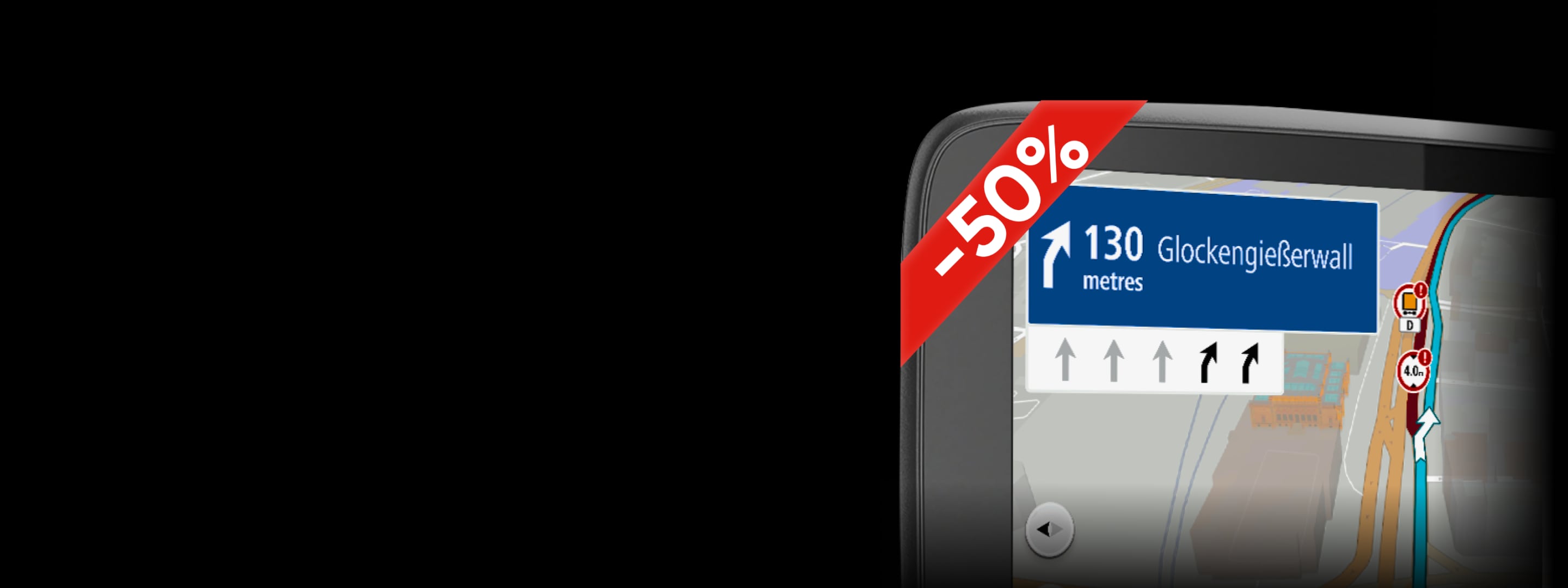 GPS device screen showing a navigation map with a turn in 130 meters, marked with a red "-50%" discount banner.