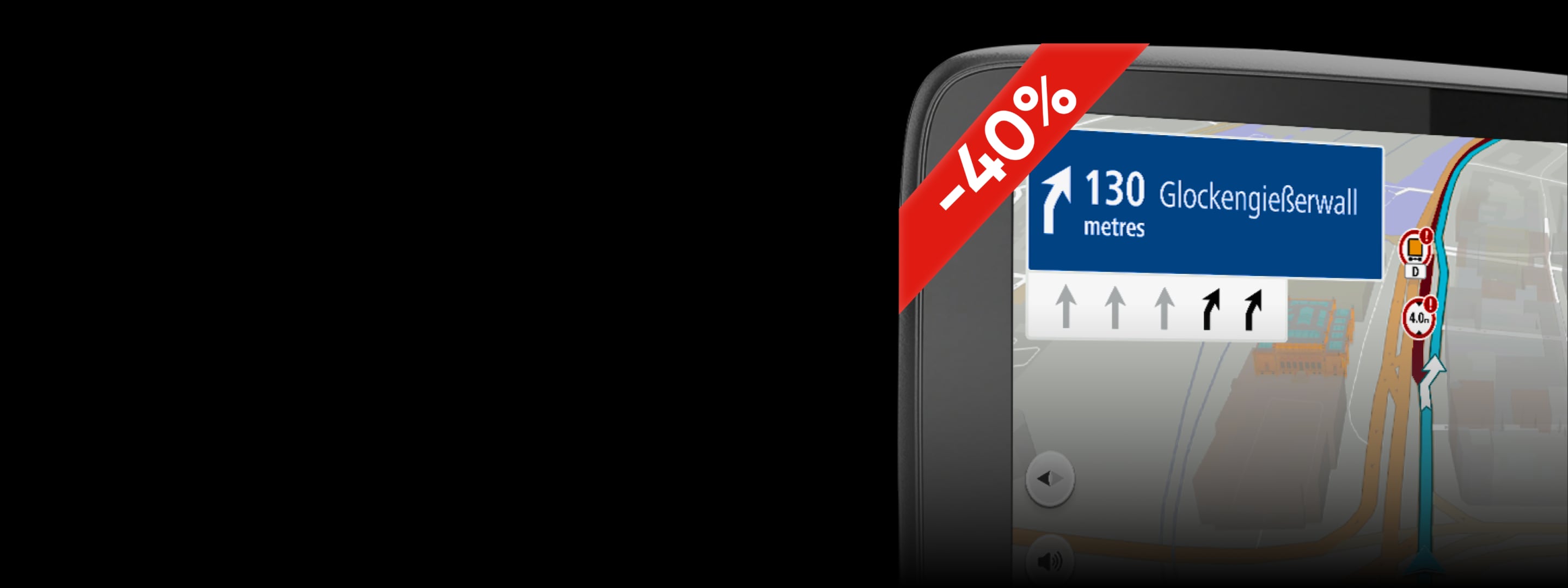 TomTom GPS device displaying a map with a 40% discount banner. Directions indicate a right turn in 130 meters.