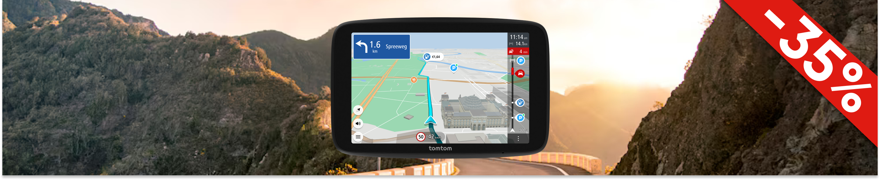 A GPS device displaying navigation directions against a mountainous backdrop, featuring a 35% discount tag.