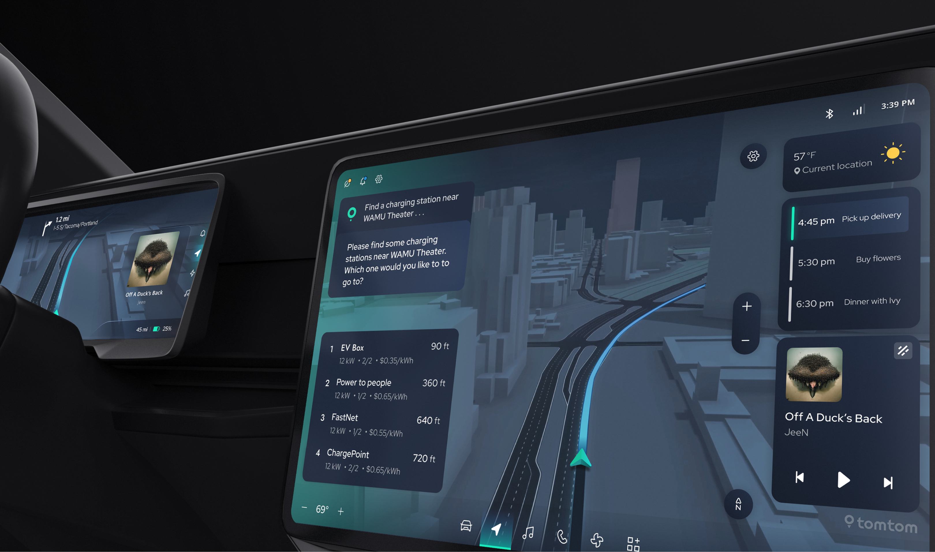 Car dashboard displaying navigation to charging stations, weather at 57°F, music playing, and scheduled events.
