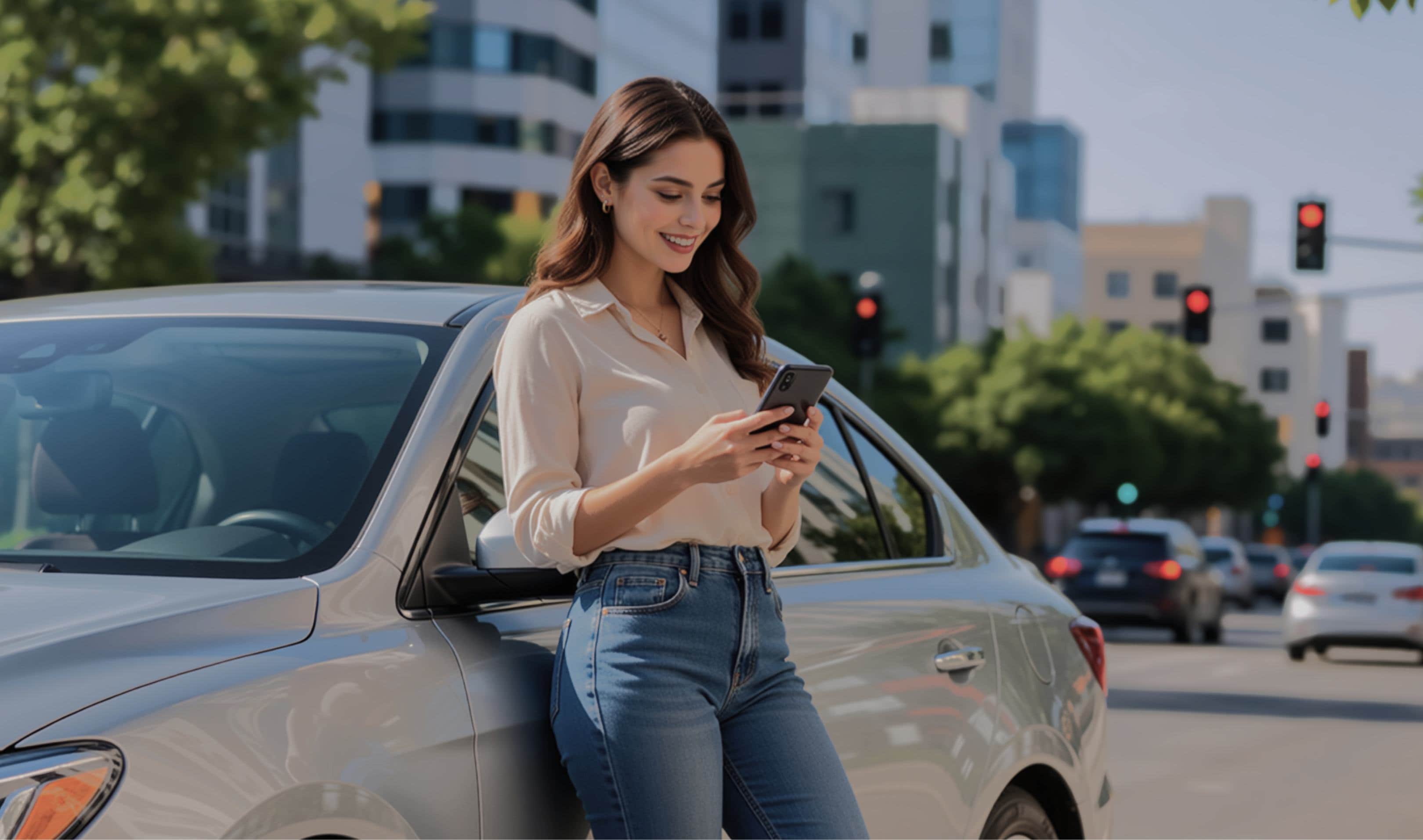 A woman leaning on a car, smiling at her phone, in a city street with traffic lights and buildings in the background.