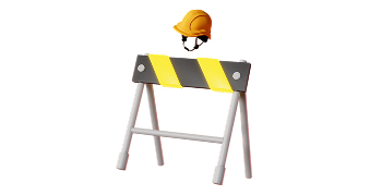 Yellow and black construction barrier with a yellow hard hat on top against a white background.
