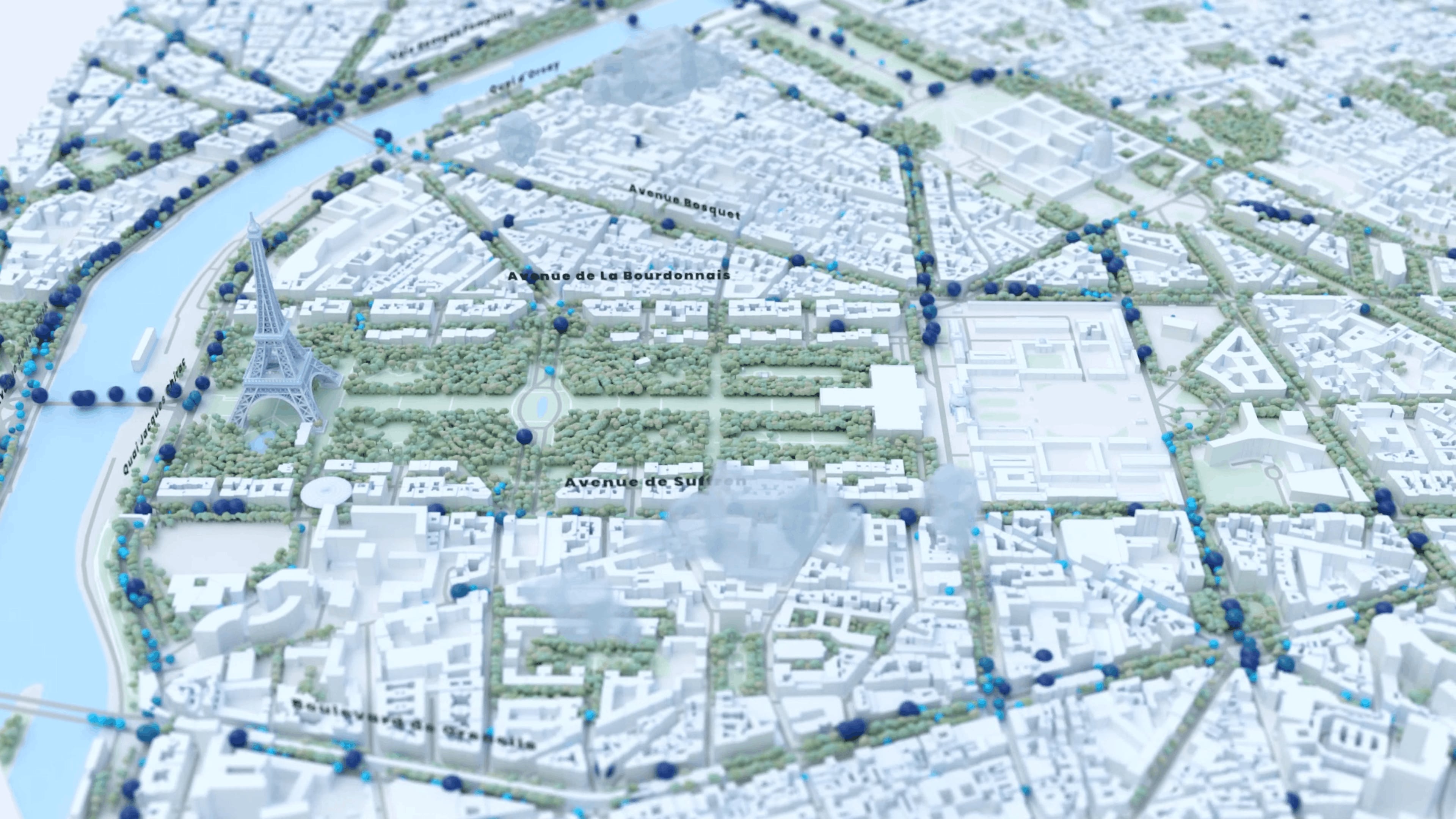 3D map of Paris showing the Eiffel Tower, city streets, and blue markers, with labeled avenues and green park areas.