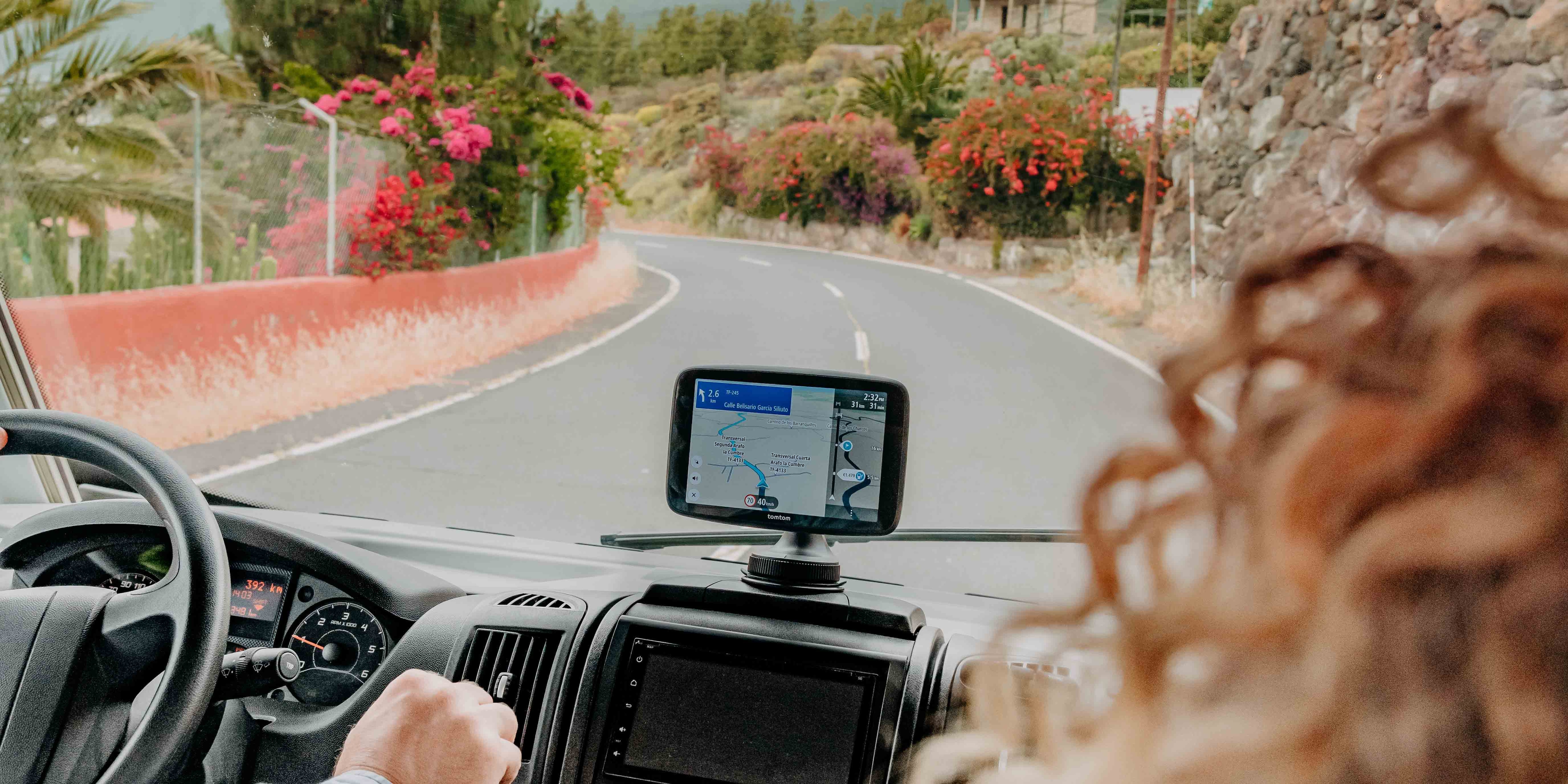 TomTom camper sat nav device being used to guide driver