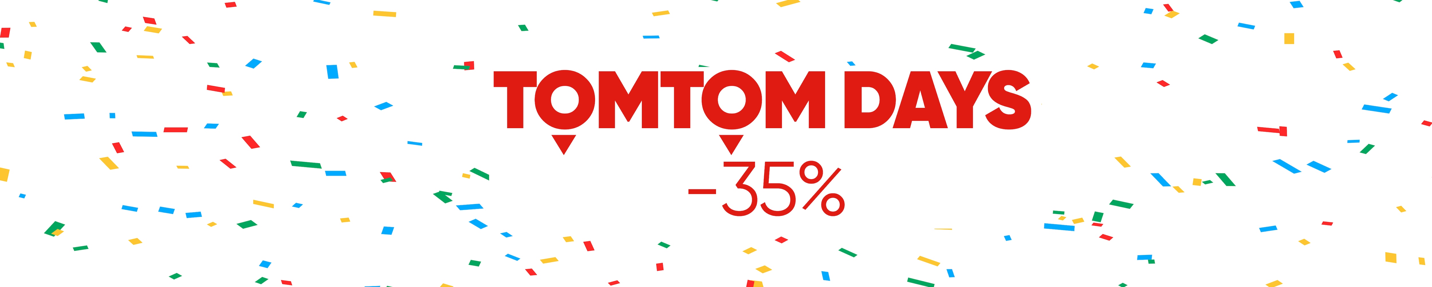 Banner promoting "TOMTOM DAYS" with discounts of up to 35%, surrounded by colorful confetti on a white background.