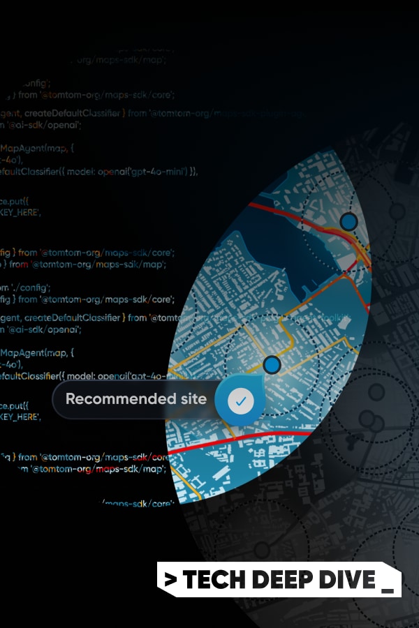 A digital map overlay with highlighted paths and a "Recommended site" marker, set against a blurred background of code. "Tech Deep Dive" text is at the bottom.