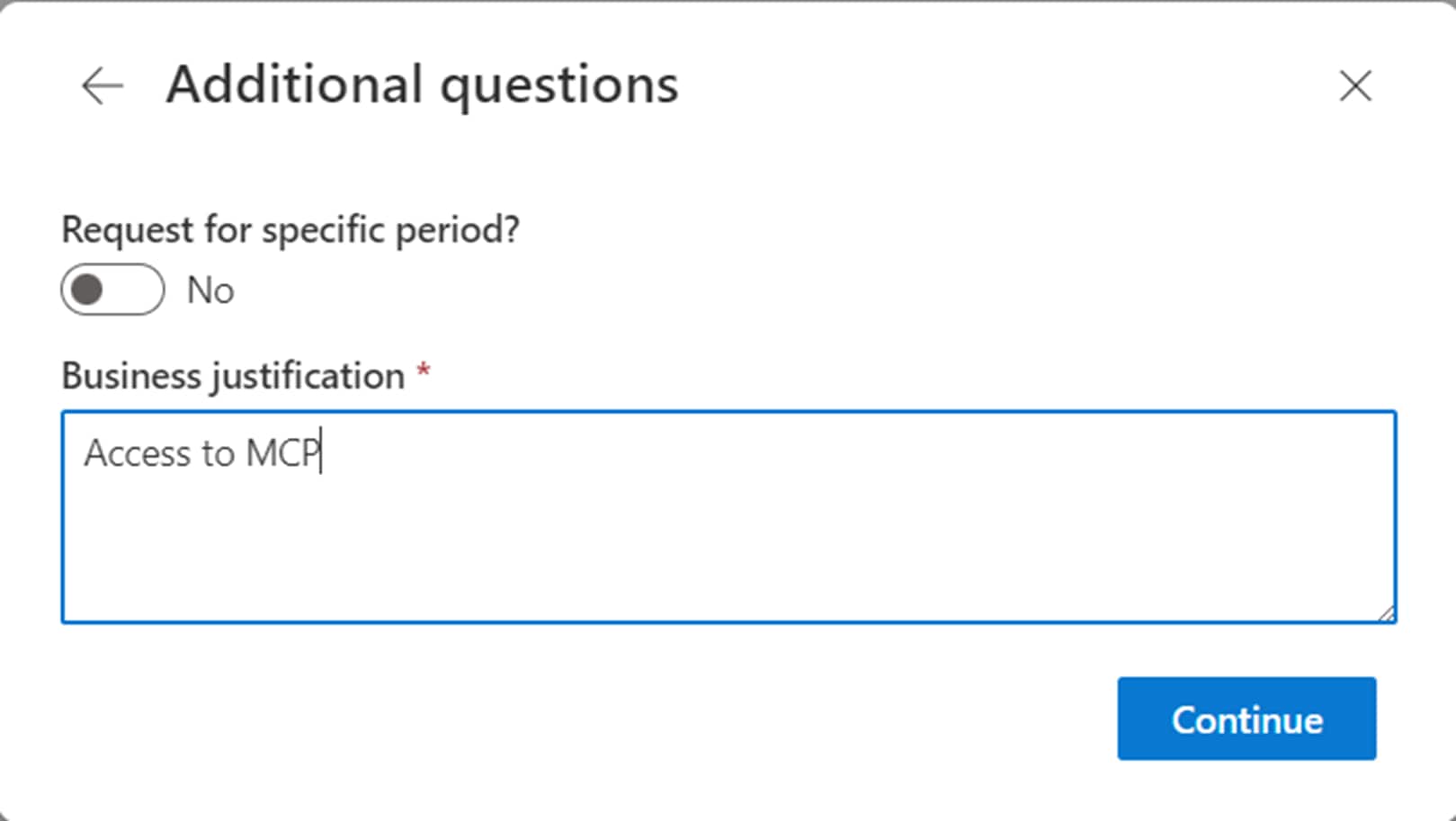 This graphic is the screen where the user states the business justification