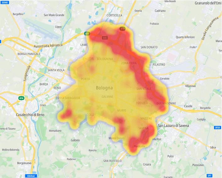 A heatmap of Bologna, Italy, displaying varying intensity levels across the city, highlighting areas of higher activity or density.