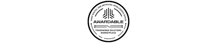 Circular logo with "Awardable," "Tradewinds Solutions Marketplace," and "AI Dice" text, featuring a central stylized design.