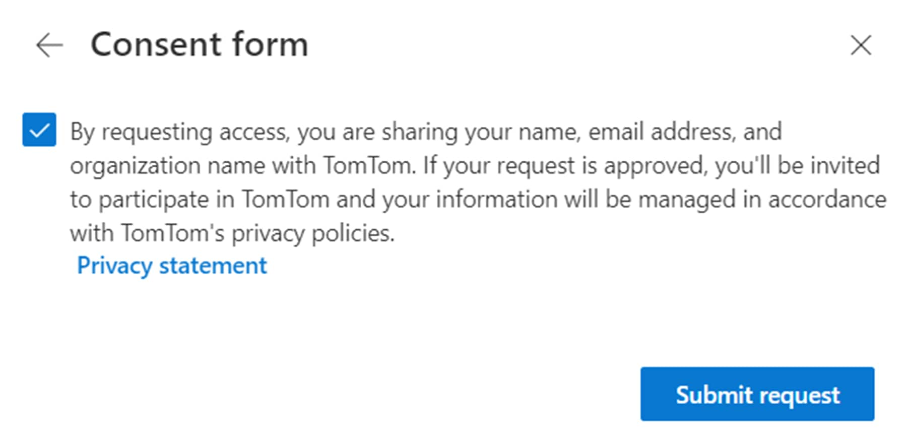 This graphic represents the consent form the user must accept the TomTom terms and conditions