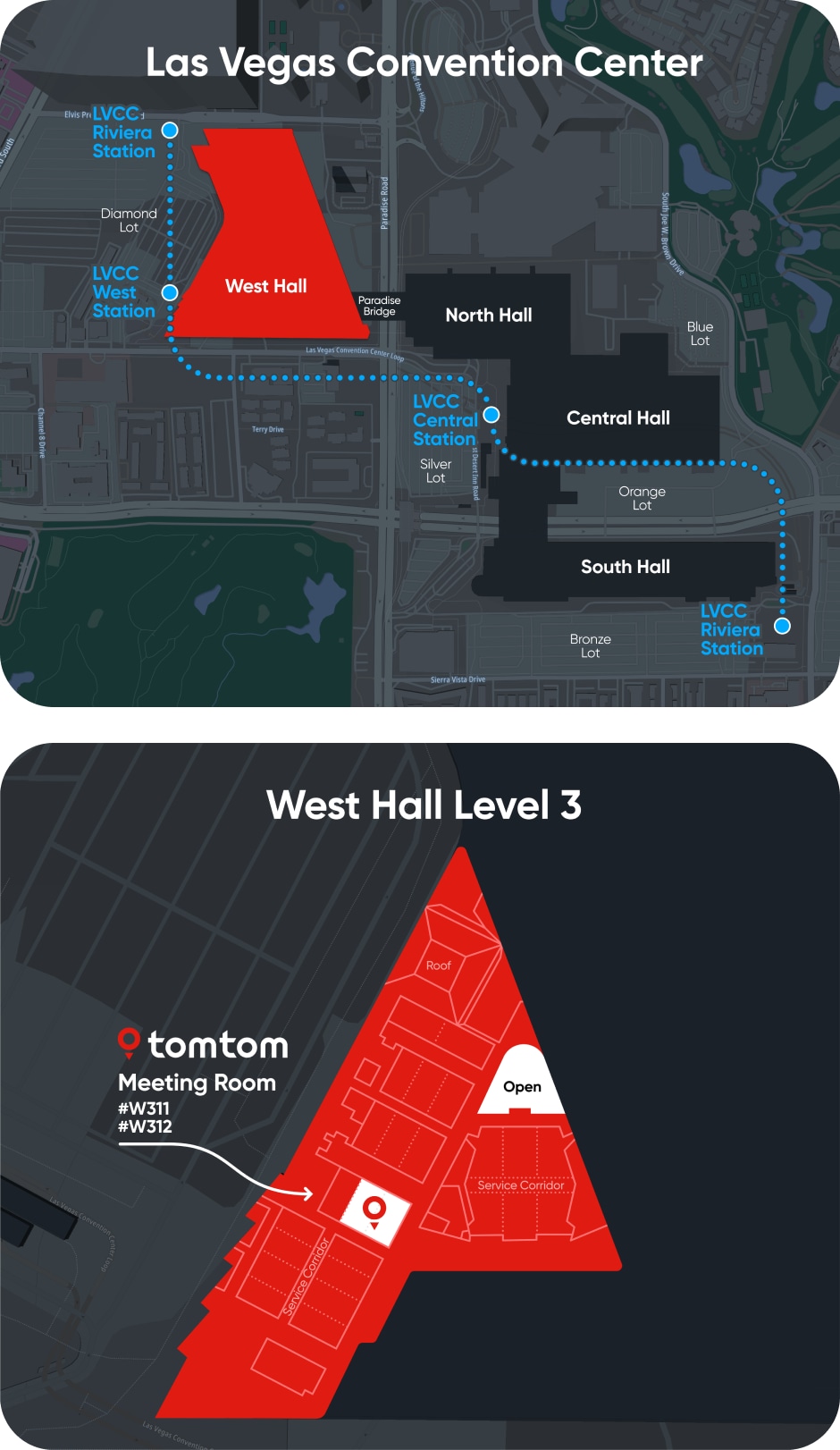 Map of Las Vegas Convention Center, highlighting West Hall and its Level 3 layout with the location of TomTom Meeting Room #W311.