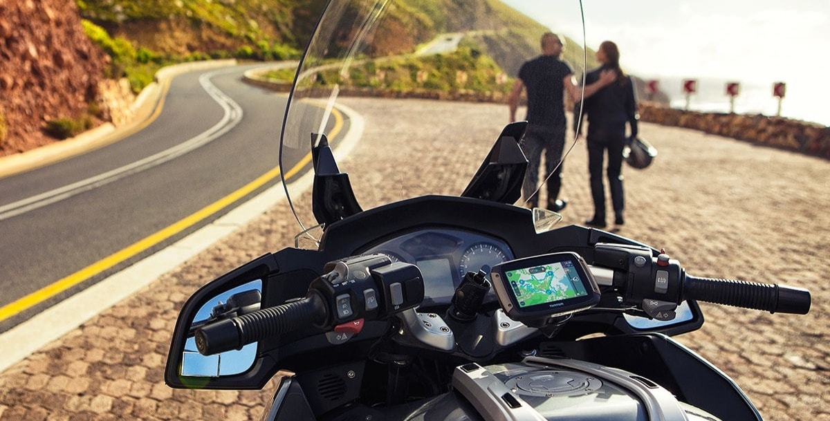 TomTom Rider motorcycle sat nav guiding a motorbike trip